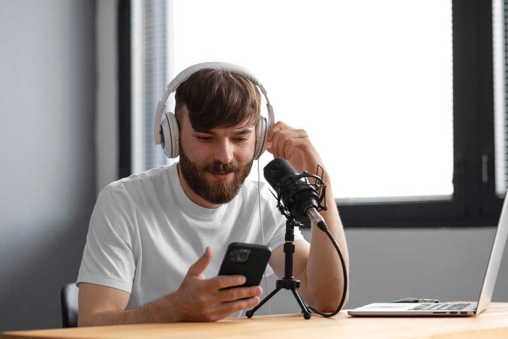 "Student listening to an IELTS preparation podcast to improve listening skills and vocabulary."